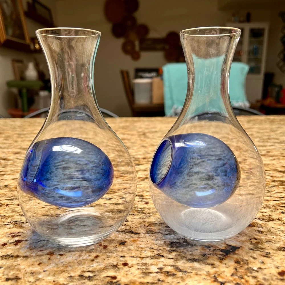 Pair of Hand Blown Glass Japanese Sake Carafes with Cobalt Blue Ice Pockets 6.5